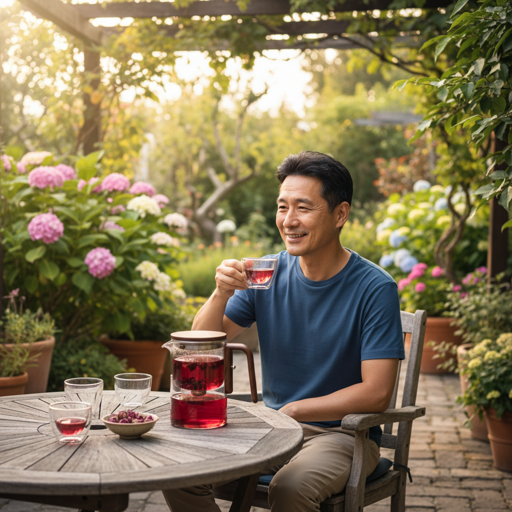 mình muốn bạn tạo một hình để đặt  trong phần real tea moments, khu vực review từ influencer hoặc feedback của khách hàng. khách viết như vậy "I gifted this to my partner, and it’s now part of our daily routine. A must-have for tea lovers or gift!". lấy cảm hứng cái bình từ trang sản phẩm zendrew glass teapot của store và có người chồng ngồi trong sân vườn kiểu ngồi uống ly nước loại pha trong bình rất vui vẻ, bình trà pha là loại hibiscus flower tea